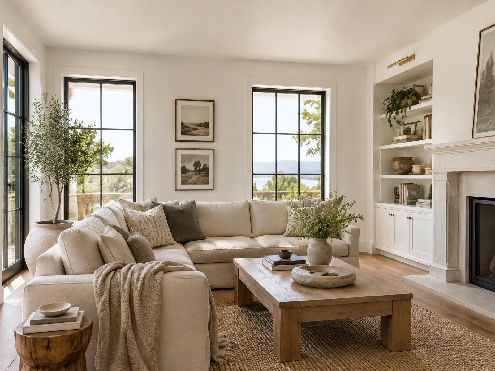 Bright, immaculate modern living room filled with natural daylight